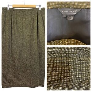 Ann May Women Silk Tweed Skirt Size 12 34W Black Gold Vintage 80s Fully Lined